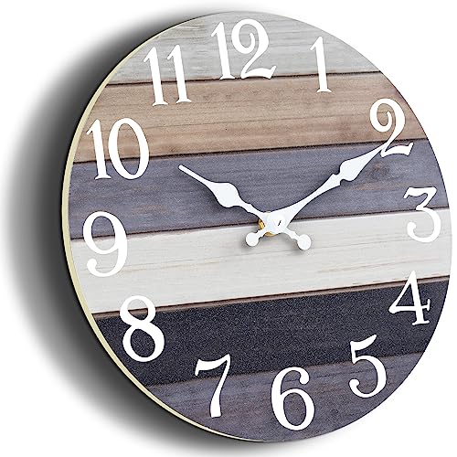 Rustic Wooden Wall Clock - 10 Inch Silent Non-Ticking Battery Operated Clock for Kitchen, Bathroom, Living Room, Bedroom, Office - Country Retro Style