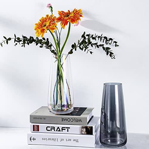 Aoderun Flower Glass Vase for Decor Home Handmade Modern Large Flower Vases for Centerpieces Living Room Kitchen Office Wedding 8.7 Inch (Iridescent Clear)