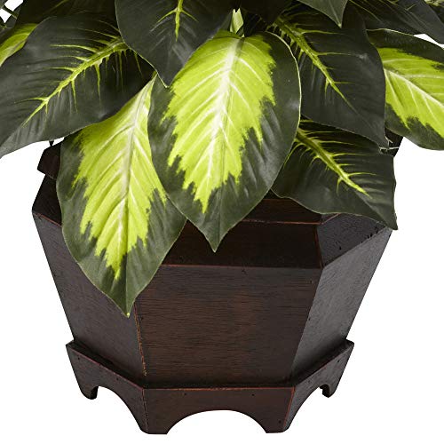 Nearly Natural Triple Golden Dieffenbachia with Wood Vase, Green, 20" x 18" x 22"