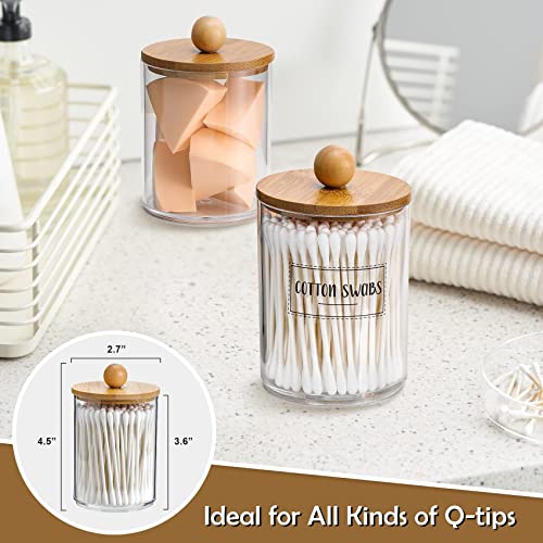 VITEVER 4 Pack Qtip Holder Dispenser with Bamboo Lids - 10 oz Clear Plastic Apothecary Jar Containers for Vanity Makeup Organizer Storage - Bathroom Accessories Set for Cotton Swab, Ball, Pads, Floss