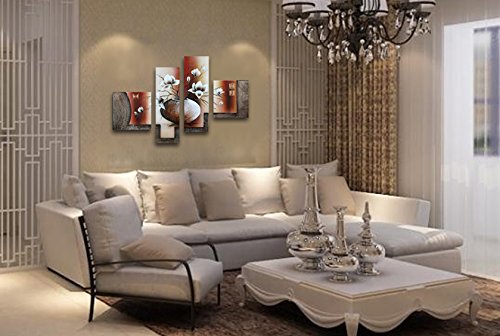 Wieco Art -Stretched and Framed 100% Hand-painted Modern Canvas Wall Art Stretched and Framed Elegant Flowers for Home Decoration Floral Oil Paintings on Canvas 4pcs/set