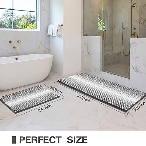 BSICPRO Bathroom Rugs and Mats Sets, 2 Piece Thick Absorbent Chenille Non Slip, Soft Shaggy Floor Mats, Machine Washable (20" x 47" Plus 16" x 24", Gray)