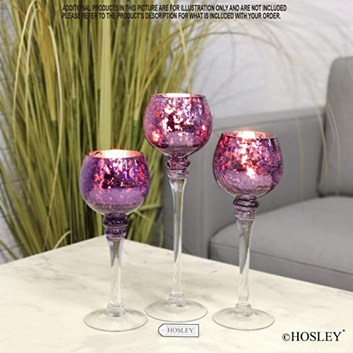 Hosley Set of 3 Crackle Purple Glass Tealight Holders - 12 Inch, 10 Inch, 9 Inch Ideal for Weddings Special Events Parties Also Makes a Great Gift