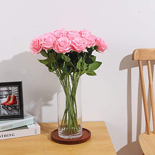 Laelfe 12 PCS Artificial Flowers Pink Roses Silk Flowers Fake Long Stem Artificial Roses for Home Kitchen Wendding Decorations (Pink)