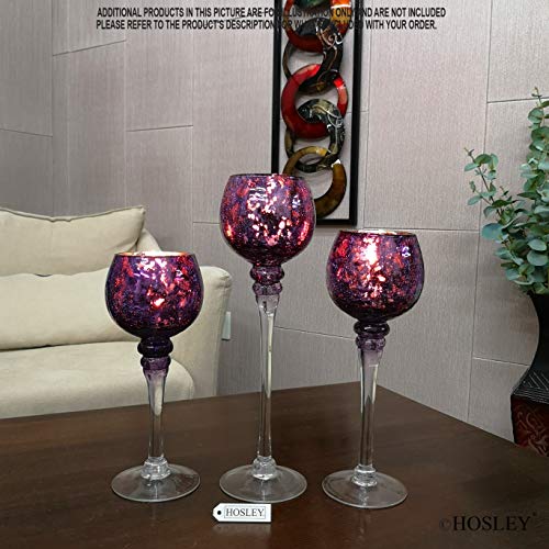 Hosley Set of 3 Crackle Purple Glass Tealight Holders - 12 Inch, 10 Inch, 9 Inch Ideal for Weddings Special Events Parties Also Makes a Great Gift