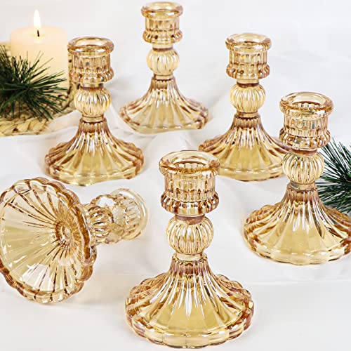 Simeitol Taper Candle Holder Set of 6, Glass Taper Candle Holder, Candle Stand, Gold Candle Holder for Wedding, Spring Decor, Birthday Party, Candlelight Dinners,Valentine's Day (Gold)