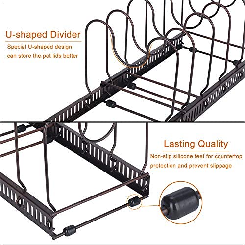 Toplife Expandable Pans Organizer Rack,10 Adjustable Compartments, Pantry Cabinet Bakeware Lid Plate Holder, Black