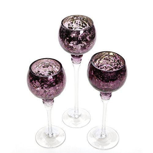 Hosley Set of 3 Crackle Purple Glass Tealight Holders - 12 Inch, 10 Inch, 9 Inch Ideal for Weddings Special Events Parties Also Makes a Great Gift