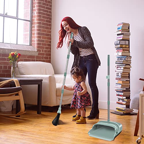 Kelamayi 2021 Upgrade Broom and Dustpan Set, Large Size and Stiff Broom Dust pan with Long Handle, Upright ,Ideal for Indoor Outdoor Garage Kitchen Room Office Lobby Use (Green)