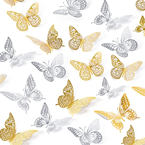 SAOROPEB 3D Butterfly Wall Decor 48 Pcs 4 Styles 3 Sizes-White Butterfly Birthday Decorations&Butterfly Party Decorations&Butterfly Cake Decorations-Removable Gold Butterfly Decorations (Gold, Silver)