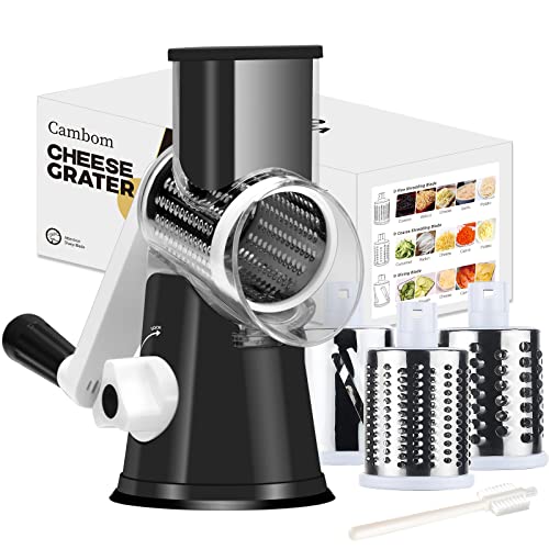 Rotary Cheese Grater Cheese Shredder - Cambom Kitchen Manual Cheese Grater with Handle Vegetable Slicer Nuts Grinder 3 Replaceable Drum Blades and Strong Suction Base Free Cleaning Brush