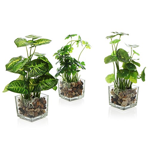 MyGift Set of 3 Artificial Plants, Faux Tabletop Greenery w/Clear Glass Pots