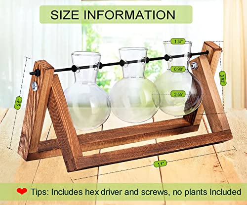 Kingbuy Plant Propagation Stations Terrarium Glass Desktop Planter with Retro Wooden Stand 3 Bulb Vases for Hydroponics Indoor Office Desk Home Decor, Plant Holder Lover Gifts for Women