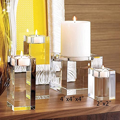 Le Sens Amazing Home Large Crystal Candle Holders Set of 3, 3.1/4.7/6.2 inches Height, Heavy Solid Square Tealight Holders Set Centerpieces for Home Decoration, Wedding