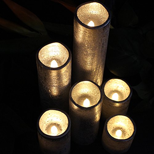 LED Lytes Flameless Timer LED Candles Slim Set of 6, 2" (inches) Wide and 2"- 9" Tall, Silver Coated Wax and Flickering Warm White Flame for Christmas Decor, Wedding Decorations and Gifts for Mom