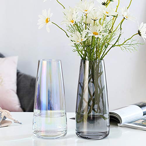 Aoderun Flower Glass Vase for Decor Home Handmade Modern Large Flower Vases for Centerpieces Living Room Kitchen Office Wedding 8.7 Inch (Iridescent Clear)