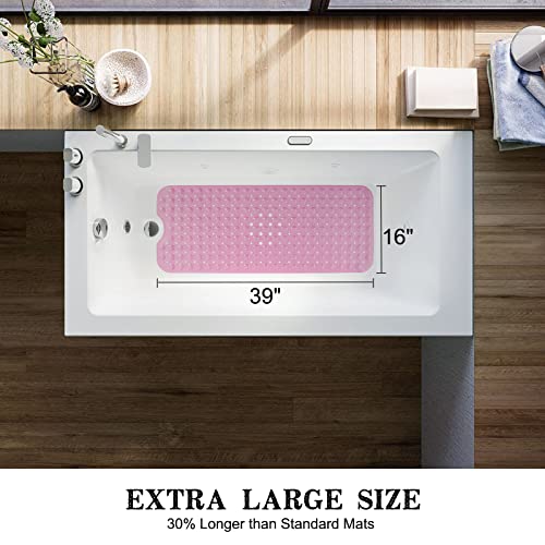 Linoows Bathtub and Shower Mats, Extra Long Non-Slip Bath Mat 39 x 16 Inch, Machine Washable Bath Tub Mat with Suction Cups & Drain Holes for Bathroom, Pink