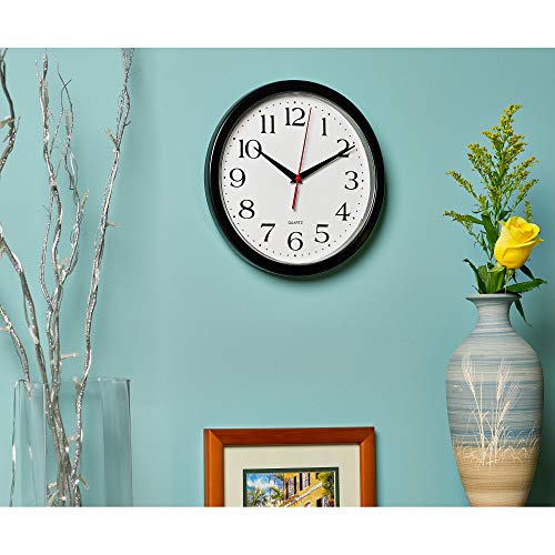 10-Inch Black Wall Clock - Silent Non-Ticking, Quartz Battery Operated, Easy-to-Read Round Clock for Home, Office, Kitchen, Classroom, School - High-Quality Sweep Movement