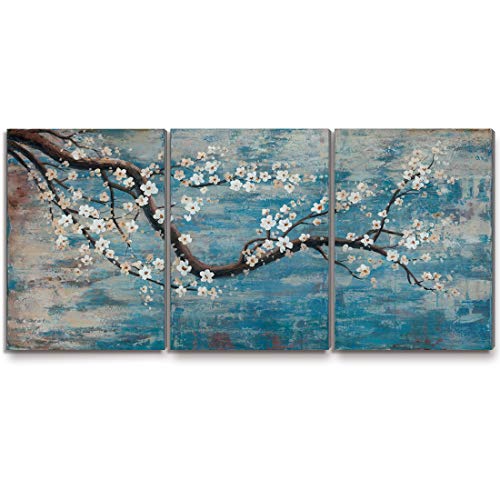 Extra Large Wall Art for Living Room 100% Hand-Painted Framed Decorative Floral Oil Painting Set Decorative Modern Blue Tree Artwork Ready to Hang 72"x36"