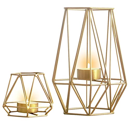 2 Pcs Metal Hexagon Shaped Geometric Design Tea Light Votive Candle Holders, Iron Hollow Tealight Candle Holders for Vintage Wedding Home Decoration, Gold (S + L)