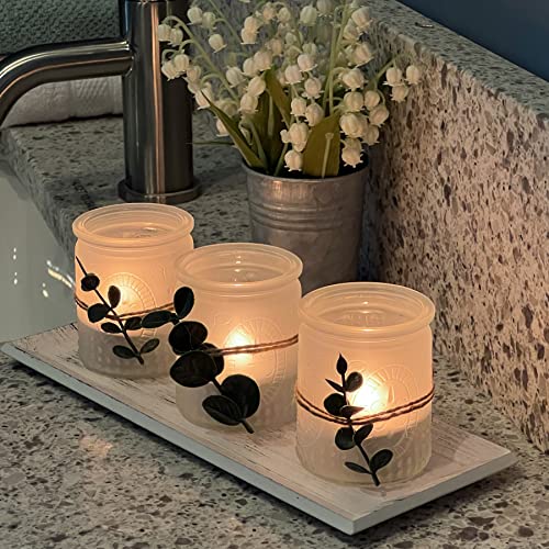 Kate Aspen Frosted Glass Votive Candle Holders & Tray Set, Farmhouse Decor, Shelf Decor, Room Decoration Accent, Table Decor, Set of 3 with Tray (00234NA)