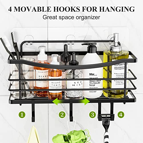 ODesign Adhesive Shower Caddy Basket Shelf with 4 Hooks for Shampoo Conditioner Razor Soap Dish Holder Kitchen Bathroom Organizer No Drilling Wall Mounted Stainless Steel Rustproof 3 Pack - Black