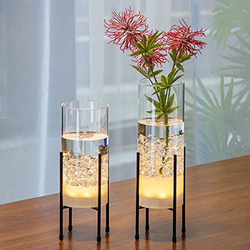 Flower Vase for Decor, Glass Table Vase Set for Flowers Plants, Clear Vase with Black Stand, Modern Decorative with Timer LED Lights Battery Operated,Centerpiece/Wedding/Party(Set of 2)