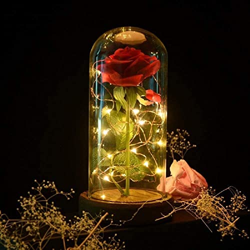 Enchanted Red Silk Rose in Glass Dome with LED Lights - SW Preserved Rose, Perfect Romantic Gift for Mother's Day, Anniversary, Birthday, Valentine's Day, or Wedding Décor