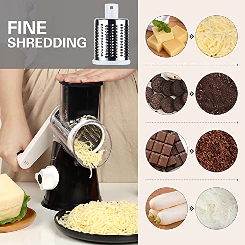 Rotary Cheese Grater Cheese Shredder - Cambom Kitchen Manual Cheese Grater with Handle Vegetable Slicer Nuts Grinder 3 Replaceable Drum Blades and Strong Suction Base Free Cleaning Brush