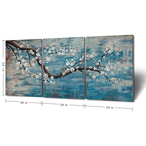 Extra Large Wall Art for Living Room 100% Hand-Painted Framed Decorative Floral Oil Painting Set Decorative Modern Blue Tree Artwork Ready to Hang 72"x36"