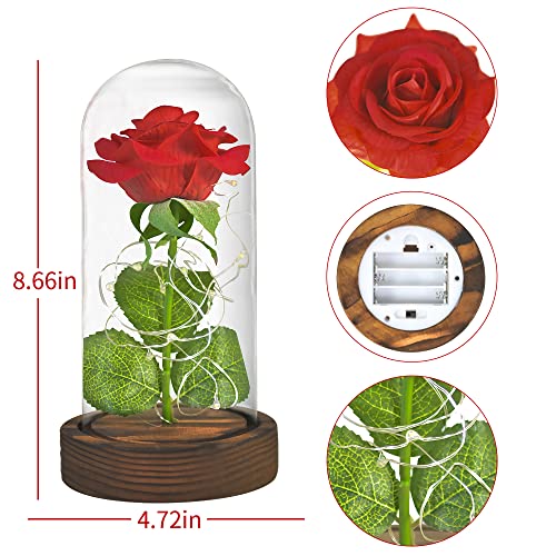 Enchanted Red Silk Rose in Glass Dome with LED Lights - SW Preserved Rose, Perfect Romantic Gift for Mother's Day, Anniversary, Birthday, Valentine's Day, or Wedding Décor