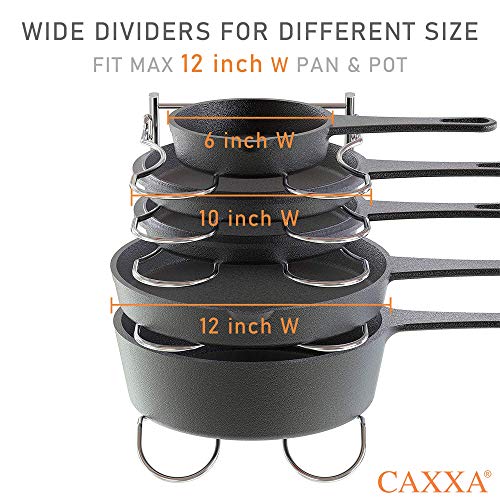 CAXXA Heavy Duty Pan Rack, Pot Lid Rack, Kitchen Cabinet Pantry Cookware Organizer Rack Holder | 5 Adjustable Dividers, Chrome