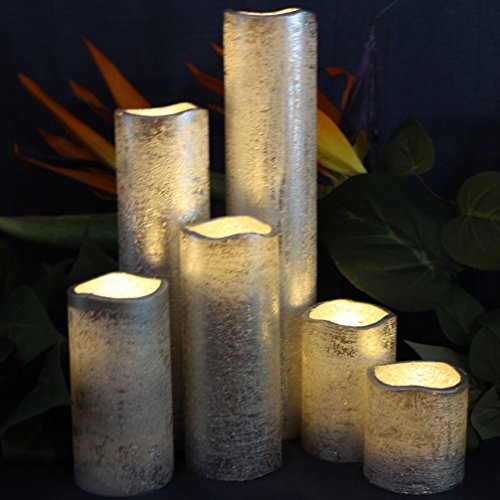 LED Lytes Flameless Timer LED Candles Slim Set of 6, 2" (inches) Wide and 2"- 9" Tall, Silver Coated Wax and Flickering Warm White Flame for Christmas Decor, Wedding Decorations and Gifts for Mom