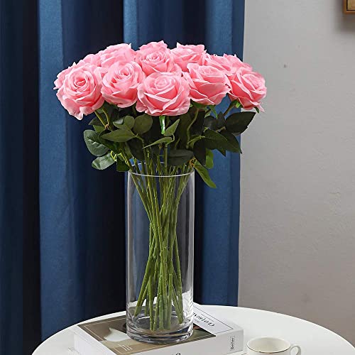 Laelfe 12 PCS Artificial Flowers Pink Roses Silk Flowers Fake Long Stem Artificial Roses for Home Kitchen Wendding Decorations (Pink)