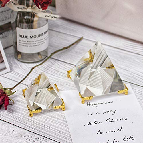 Crystal Pyramid Prism, Feng Shui Crafts Meditation Crystal with Gold Stand for Home Office Art Decor, Pyramids Gift, Stand for Prosperity, Positive Energy and Good Luck(2.36inch/60mm)