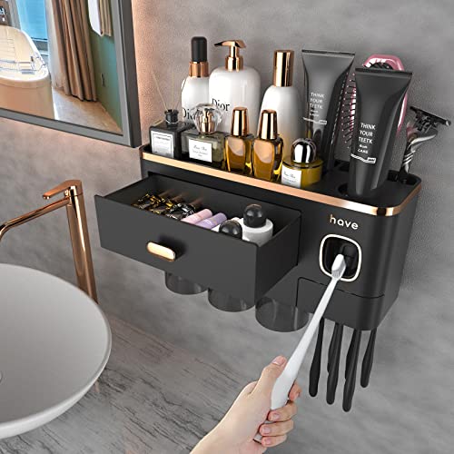 iHave Toothbrush Holders for Bathrooms - Upgrade Wall Mounted Toothbrush Holder with Toothpaste Dispenser - 3 Cups, Large Capacity Tray - Bathroom Accessories & Bathroom Organization and Storage