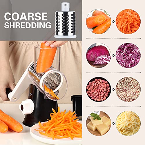 Rotary Cheese Grater Cheese Shredder - Cambom Kitchen Manual Cheese Grater with Handle Vegetable Slicer Nuts Grinder 3 Replaceable Drum Blades and Strong Suction Base Free Cleaning Brush