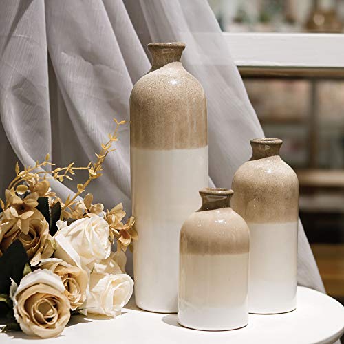 TERESA'S COLLECTIONS Large Modern Farmhouse Ceramic Vase, Home Décor Accents, Rustic Beige White Decorative Flower Vase for Centerpiece, for Pampas Grass, Shelf, Table, Mantel, Living Room, 12" -3PCs