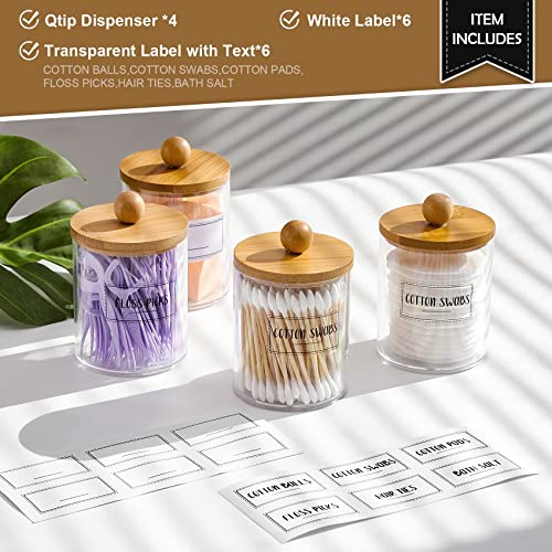 VITEVER 4 Pack Qtip Holder Dispenser with Bamboo Lids - 10 oz Clear Plastic Apothecary Jar Containers for Vanity Makeup Organizer Storage - Bathroom Accessories Set for Cotton Swab, Ball, Pads, Floss