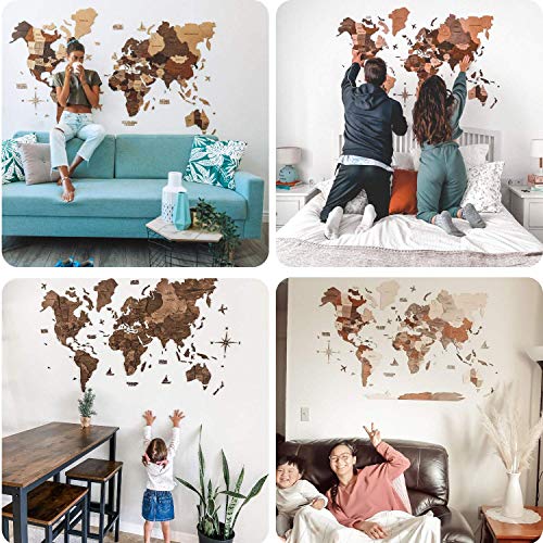 ENJOY THE WOOD 3D Wood World Map Wall Art Large Wood Wall Décor Housewarming Gift Idea Wood Wall Art World Travel Map For Home & Kitchen or Office (Medium, Dark Walnut)