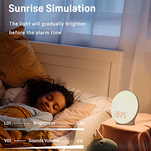 Sunrise Alarm Clock for Kids and Heavy Sleepers - Wake Up Light with Sunrise Simulation, Dual Alarms, FM Radio, Snooze, Nightlight, Colorful Lights, 7 Natural Sounds - Ideal Gift for Bedroom