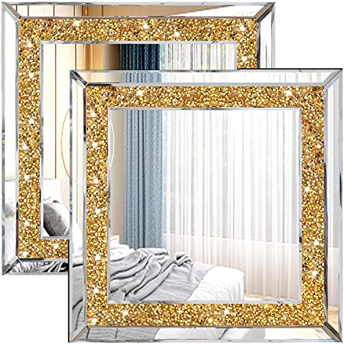 ZOLAPI 2PCS Crystal Rhinestone Diamond Wall Mirror.Brilliant Hand-Spliced Glass Mirror.Gold Accent Decorative Mirror for Hallway/Bathroom/Bedroom（12”x12”）