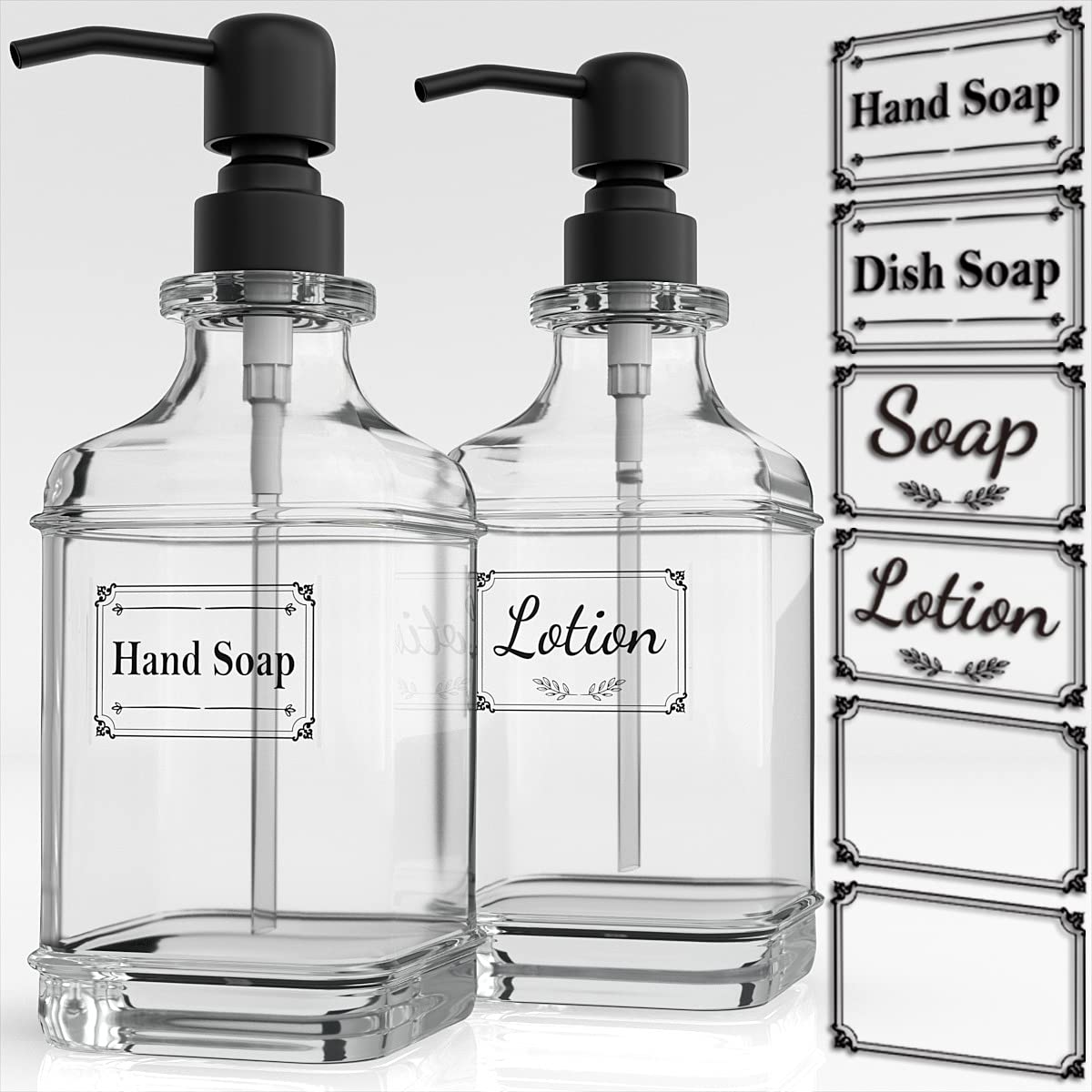 GLADPURE Soap Dispenser - 2 Pack, 18 Oz Antique Design Thick Glass Hand Soap Dispensers; with 304 Rust Proof Stainless Steel Pump, 6Pcs Clear Stickers, for Kitchen, Bathroom - Black