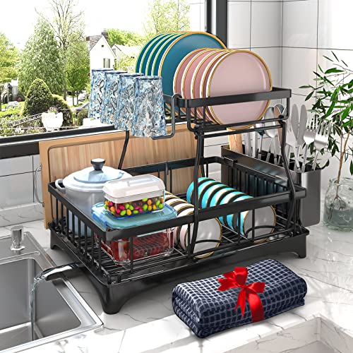 Godboat Dish Drying Rack, 2-Tier Dish Racks for Kitchen Counter, Dish Rack with Drainboard and Dryer Mat, Dish Drainer with Glass & Utensil Holder, Gifts and Gadgets for RV and Camping (Black)