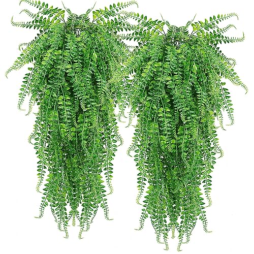 SzJias Artificial Hanging Plants Ferns Faux Fake Plants for Patio Porch Outdoor Decor (2 Pcs)