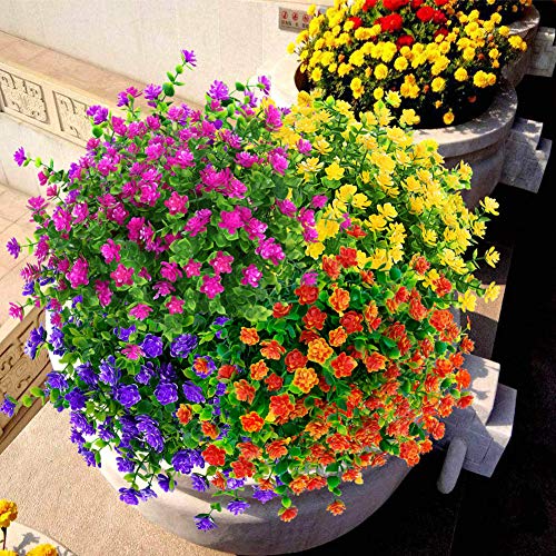 KLEMOO Artificial Flowers Fake Outdoor UV Resistant Boxwood Plants Shrubs 4 Pack, Faux Plastic Greenery for Indoor Outside Hanging Planter Home Office Wedding Farmhouse Decor (Fushia)