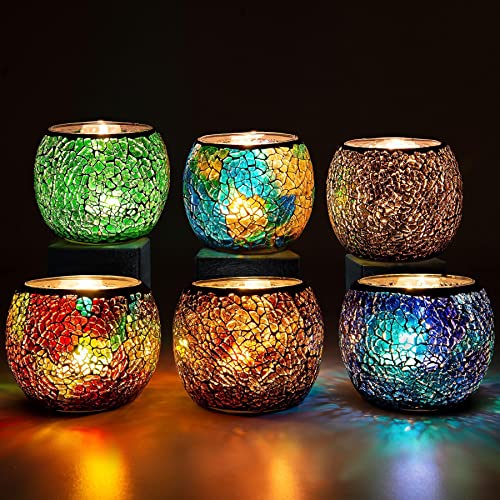 Rancco Glass Votive Candle Holder for Tealight, 6 Set Romantic Stained Mosaic Tealight Candle Holders, Handmade Cracked Aromatherapy Candle Lamp for Valentine, Party, Christmas Table Centerpiece Decor