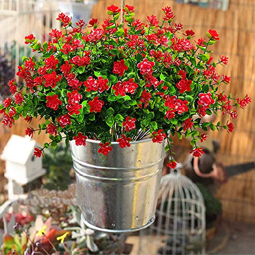 Grunyia 10 Bundles Artificial Fake Flowers, Faux Outdoor Plastic Plants UV Resistant Shrubs Outside Indoor Decorations (Red-Eucalyptus)