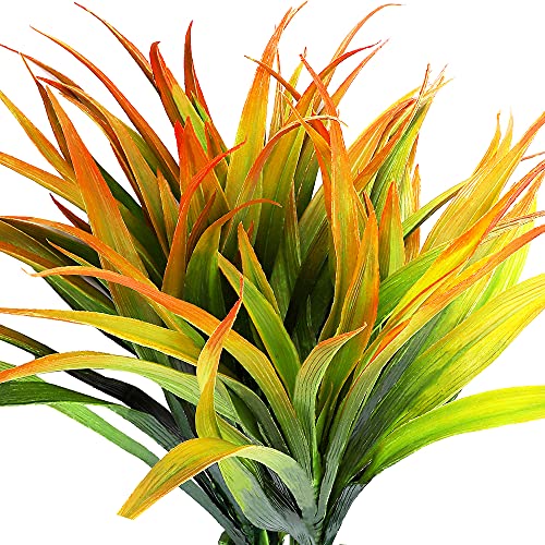 CLONG 4pcs Artificial Fake Grass Plants Faux Fake Grasses Plastic Plant Greenery (Orange and Green)