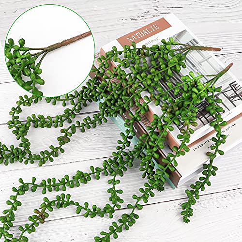 CEWOR 4pcs Artificial Succulents Hanging Plants Fake String of Pearls for Wall Home Garden Decor (24 Inches Each Length)